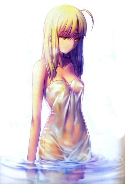 Anime picture 1363x2000 with fate (series) fate/stay night studio deen type-moon artoria pendragon (all) saber saber alter takeuchi takashi single long hair tall image light erotic blonde hair white background green eyes yellow eyes absurdres cleavage ahoge official art
