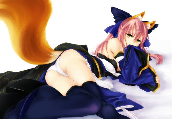 Anime picture 1954x1352 with fate (series) fate/stay night studio deen type-moon tamamo (fate) (all) tamamo no mae (fate) long hair highres light erotic animal ears yellow eyes pink hair ass tail fox ears fox tail fox girl girl thighhighs underwear