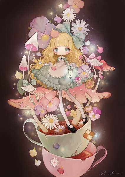 Anime picture 1270x1795 with original london222 single long hair tall image looking at viewer blush fringe blue eyes blonde hair signed wavy hair girl flower (flowers) bow hair bow petals pantyhose star (stars) cup