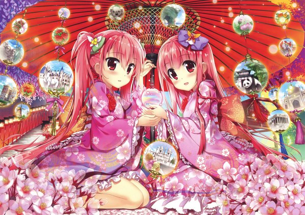 Anime picture 3300x2332 with original eshi 100-nin ten fujima takuya long hair looking at viewer highres red eyes sitting multiple girls pink hair absurdres traditional clothes japanese clothes scan cherry blossoms floral print side ponytail girl hair ornament flower (flowers)