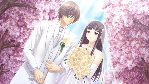 Anime picture 1280x720 with morobito kozorite (game) long hair short hair black hair red eyes wide image game cg couple girl dress boy flower (flowers) wedding dress