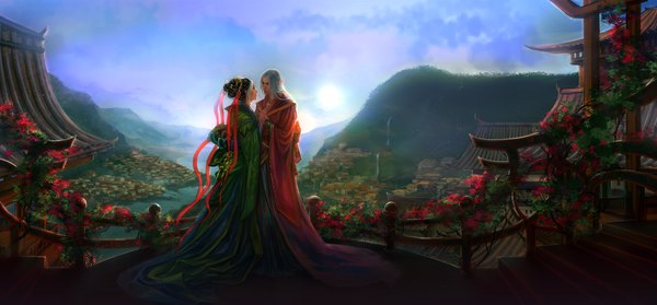 Anime picture 2024x943 with original anndr (artist) long hair highres blue eyes black hair wide image sky cloud (clouds) white hair traditional clothes pointy ears couple mountain girl boy hair ornament flower (flowers)