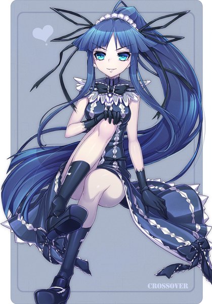 Anime picture 800x1145 with demonbane soukou akki muramasa minato hikaru etheldreda dougan calpis con single tall image looking at viewer blue eyes smile sitting blue hair ponytail very long hair leg lift (legs lift) hand on knee etheldreda (cosplay) girl dress gloves