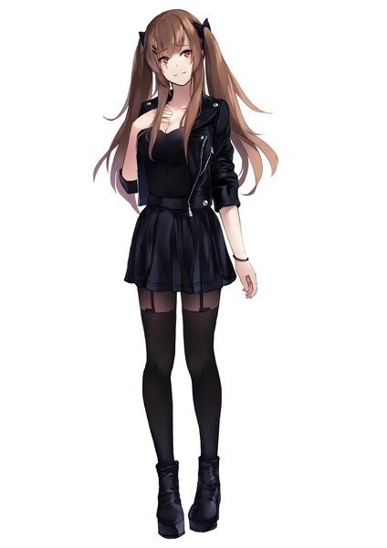 Anime picture 2480x3507 with girls frontline ump9 (girls frontline) ina (inadiary) single long hair tall image looking at viewer fringe highres breasts simple background smile hair between eyes red eyes brown hair standing white background twintails cleavage full body