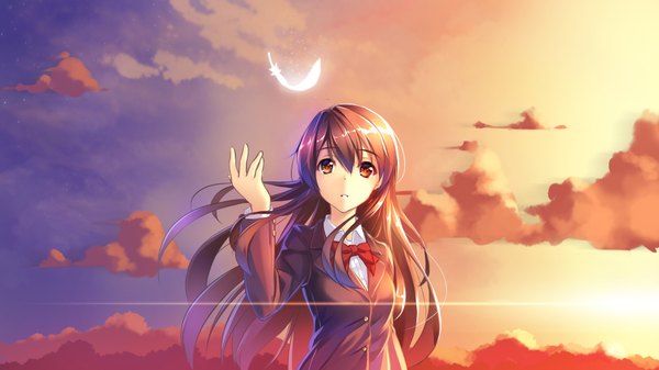 Anime picture 1920x1080 with nico nico singer tagme (character) ame no uta (aria-rain) single long hair looking at viewer blush highres open mouth brown hair wide image brown eyes cloud (clouds) sunlight teeth evening sunset girl uniform bow