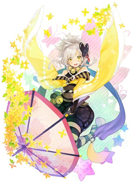Anime picture 800x1132 with original cocorip (riprip) single tall image looking at viewer blush short hair open mouth yellow eyes ponytail braid (braids) grey hair twin braids jumping girl thighhighs hair ornament flower (flowers) insect butterfly