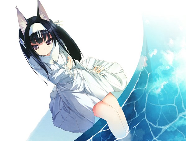 Anime picture 1073x813 with original nekomu single long hair black hair sitting brown eyes animal ears cat ears girl water