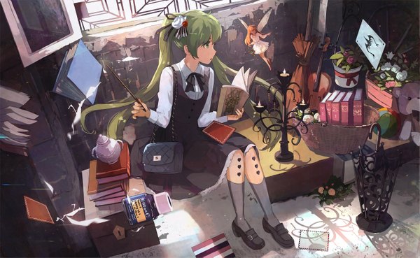 Anime picture 1449x893 with vocaloid hatsune miku ooi choon liang long hair wide image sitting twintails multiple girls green eyes looking away green hair magic fantasy fairy girl dress hair ornament 2 girls socks shoes
