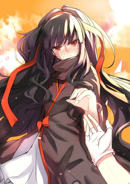 Anime picture 744x1052 with kagerou project shaft (studio) azami (kagerou project) aki663 tall image looking at viewer blush fringe black hair red eyes payot sky cloud (clouds) very long hair head tilt wind from below embarrassed tears solo focus