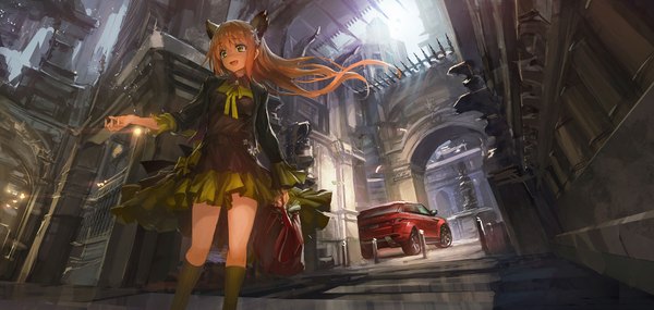 Anime picture 1920x915 with original land rover lm7 (op-center) single long hair blush highres open mouth smile brown hair wide image green eyes animal ears looking away cat ears cat girl city jpeg artifacts girl dress