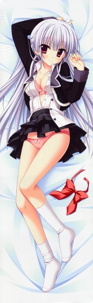 Anime picture 2316x7545 with hatsuyuki sakura tamaki sakura moribe (rabumanyo) long hair tall image blush highres light erotic red eyes silver hair skirt lift dakimakura (medium) girl underwear panties socks white socks