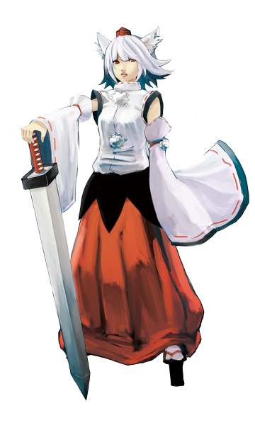 Anime picture 1500x2500 with touhou inubashiri momiji sho (pixiv) single tall image looking at viewer short hair red eyes animal ears white hair japanese clothes transparent background girl weapon detached sleeves sword tokin hat