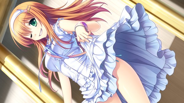 Anime picture 1920x1080 with & - sora no mukou de sakimasu you ni haruki urara saeki hokuto long hair highres smile wide image green eyes game cg one eye closed wink orange hair girl bracelet hairband sundress