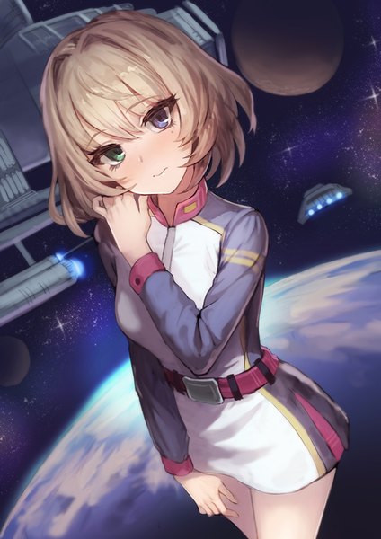 Anime picture 700x990 with idolmaster idolmaster cinderella girls takagaki kaede meto31 single tall image looking at viewer blush fringe short hair breasts blue eyes hair between eyes brown hair standing green eyes long sleeves night mole night sky