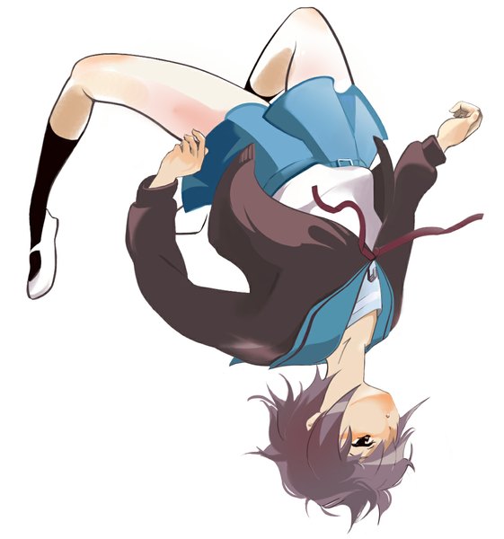 Anime picture 1074x1149 with suzumiya haruhi no yuutsu kyoto animation nagato yuki single tall image fringe short hair simple background white background brown eyes grey hair hair over one eye jumping upside down girl uniform school uniform socks black socks cape