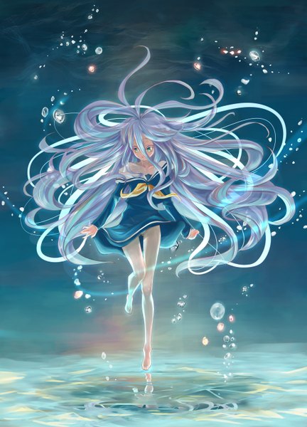 Anime picture 2000x2776 with no game no life madhouse shiro (no game no life) akamimi single tall image highres light erotic hair between eyes green eyes white hair very long hair pantyshot underwater girl skirt uniform underwear panties water