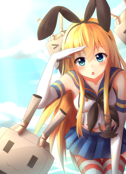 Anime picture 2400x3300 with kantai collection shimakaze destroyer rensouhou-chan onamae-kun long hair tall image blush highres open mouth blue eyes blonde hair sky cloud (clouds) pleated skirt :3 salute > < girl thighhighs skirt