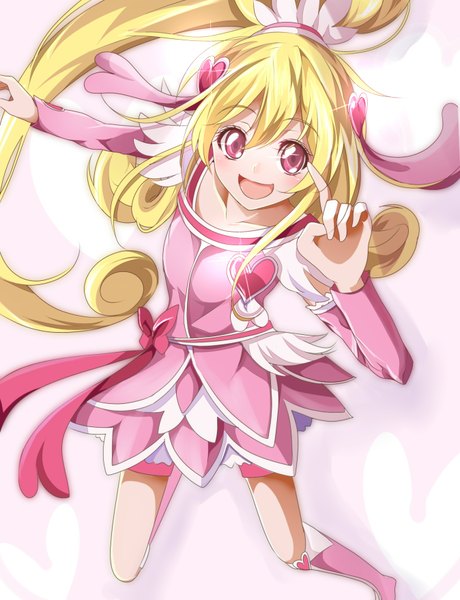 Anime picture 1348x1756 with precure dokidoki! precure toei animation aida mana cure heart velia (artist) single long hair tall image looking at viewer blush open mouth blonde hair ponytail pink eyes girl dress hair ornament detached sleeves heart