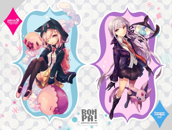 Anime picture 1000x757 with pokemon dangan ronpa super dangan ronpa 2 nintendo kirigiri kyouko nanami chiaki espeon munna musharna lampent welchino long hair short hair purple eyes multiple girls looking away pink hair purple hair braid (braids) one eye closed