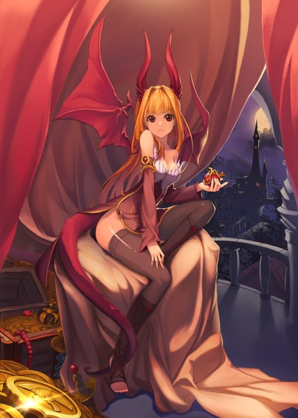 Anime picture 2500x3500 with original mil-yu (artist) single long hair tall image looking at viewer fringe highres blonde hair sitting bare shoulders holding sky cloud (clouds) tail horn (horns) light smile no shoes demon wings dragon girl