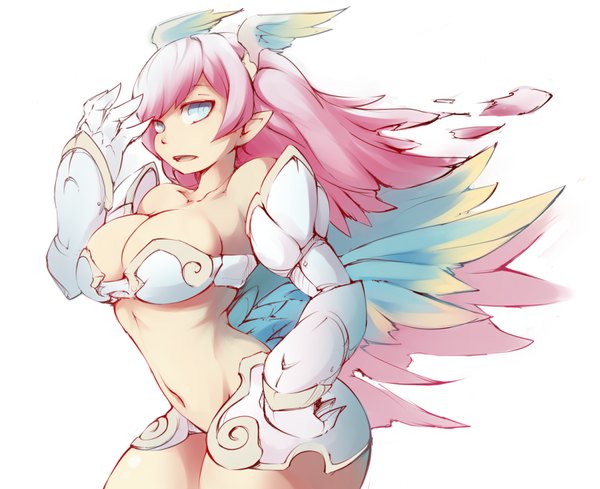 Anime picture 1000x816 with original zako (artist) single long hair looking at viewer breasts blue eyes light erotic simple background white background pink hair pointy ears midriff head wings girl gloves navel detached sleeves wings shorts