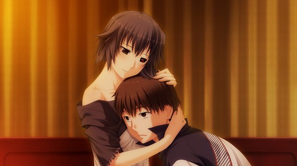 Anime picture 1024x576 with suigetsu 2 short hair black hair brown hair wide image brown eyes game cg couple heterochromia girl boy