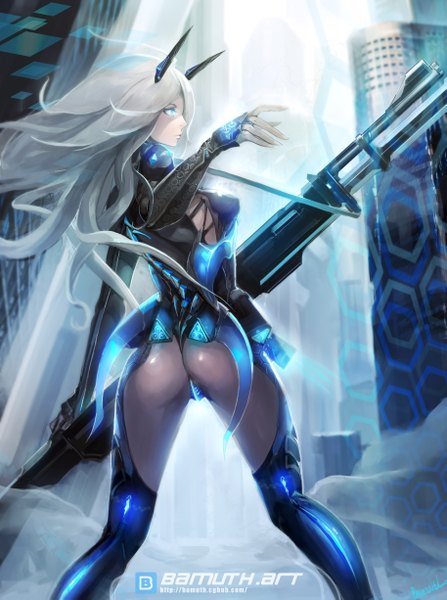 Anime picture 3649x4897 with original bamuth single long hair tall image highres blue eyes light erotic looking away absurdres silver hair ass horn (horns) inscription back turning head serious girl gloves weapon