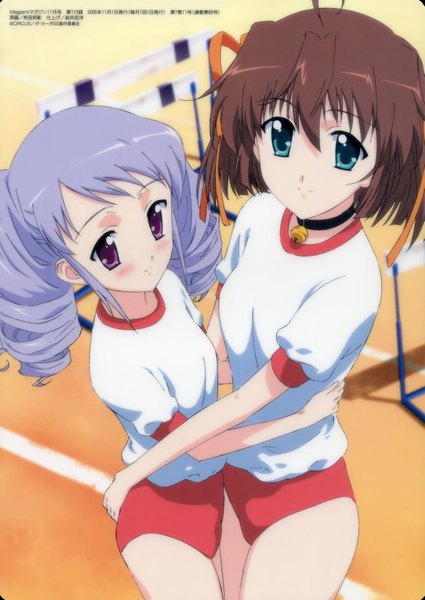 Anime picture 2477x3500 with da capo asakura nemu tsukishiro alice tall image highres brown hair purple eyes multiple girls green eyes blue hair hug bell collar girl uniform 2 girls bell collar gym uniform