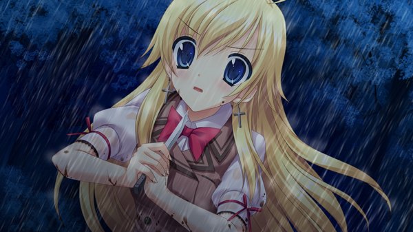 Anime picture 1024x576 with shion no ketsuzoku (game) long hair blue eyes blonde hair wide image game cg rain girl knife