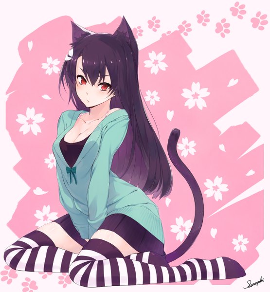 Anime picture 1141x1233 with original ako (nedm) single long hair tall image looking at viewer red eyes animal ears purple hair cat ears cat girl cat tail girl thighhighs skirt miniskirt sweater striped thighhighs