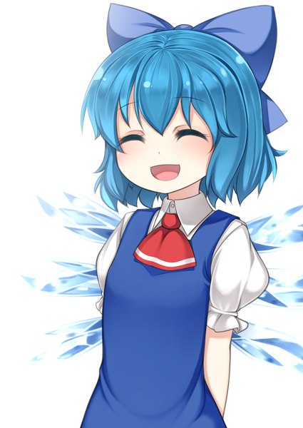 Anime picture 1000x1412 with touhou cirno nakamura kusata single tall image short hair white background blue hair eyes closed girl dress bow hair bow wings ice