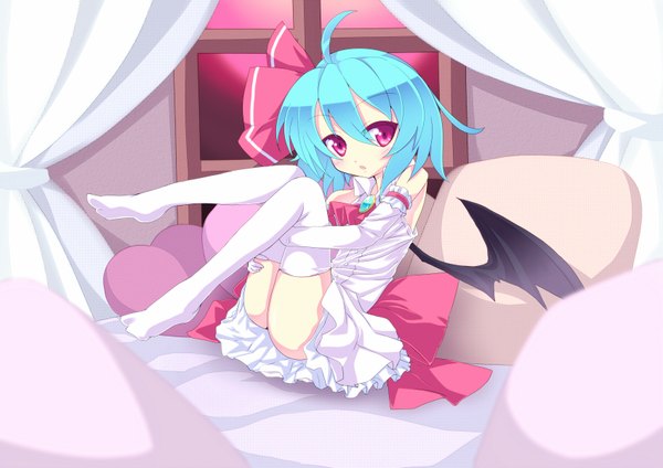Anime picture 1697x1200 with touhou remilia scarlet cicin (artist) short hair red eyes blue hair ahoge loli girl thighhighs white thighhighs wings curtains