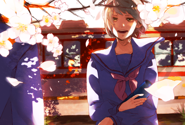 Anime picture 1748x1181 with original natsuhara dekopi highres short hair open mouth brown hair standing holding brown eyes yellow eyes sunlight orange eyes couple cherry blossoms crossed arms spring girl boy uniform flower (flowers)