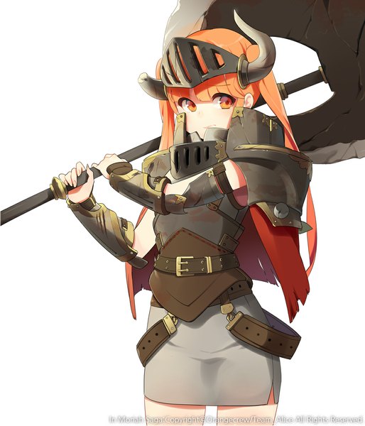 Anime picture 1000x1167 with original ssberit single long hair tall image simple background white background horn (horns) orange hair orange eyes girl skirt weapon miniskirt armor