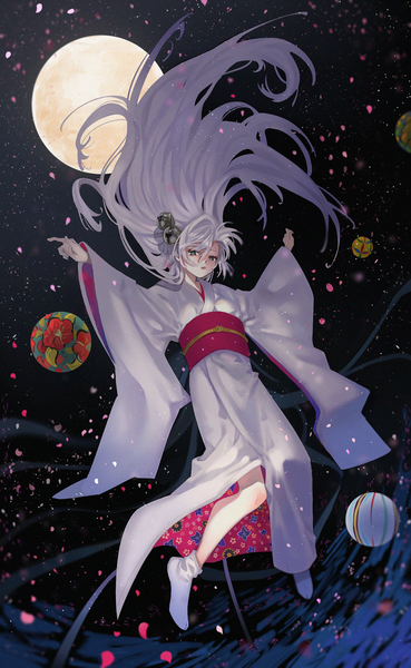 Anime picture 1233x2000 with original arutera single long hair tall image looking at viewer fringe open mouth pink hair white hair long sleeves traditional clothes japanese clothes multicolored hair night wide sleeves grey eyes no shoes night sky floral print