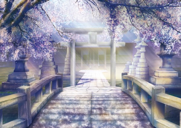 Anime picture 1668x1186 with original geshi sunlight cherry blossoms no people landscape plant (plants) tree (trees) bridge statue