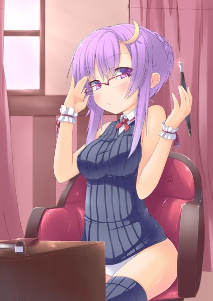 Anime picture 1040x1470 with touhou patchouli knowledge spirytus tarou single tall image looking at viewer blush short hair light erotic purple eyes purple hair pantyshot sitting alternate hairstyle hair up girl thighhighs glasses pen