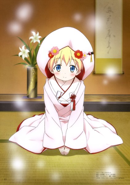Anime picture 2884x4098 with kin-iro mosaic alice carteret yamamoto shinji single tall image looking at viewer blush highres short hair blue eyes blonde hair absurdres traditional clothes japanese clothes official art girl hair ornament flower (flowers) kimono uchikake