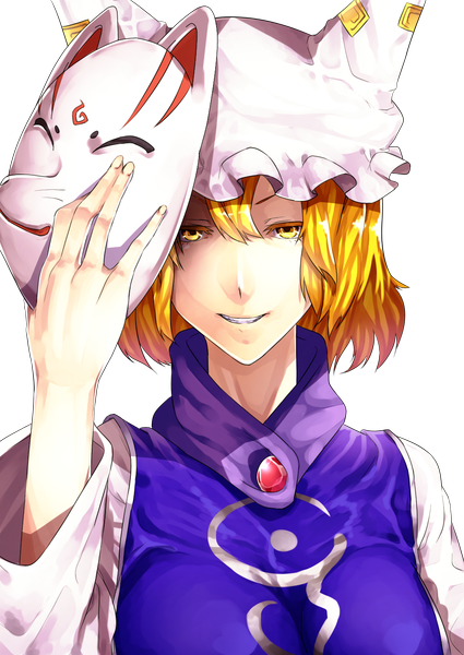 Anime picture 1000x1412 with touhou yakumo ran uu uu zan single tall image looking at viewer short hair blonde hair yellow eyes fox ears transparent background girl mask