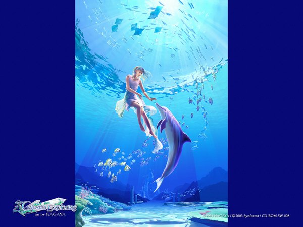 Anime picture 1600x1200 with kagaya realistic underwater fish (fishes) dolphin celestial exploring