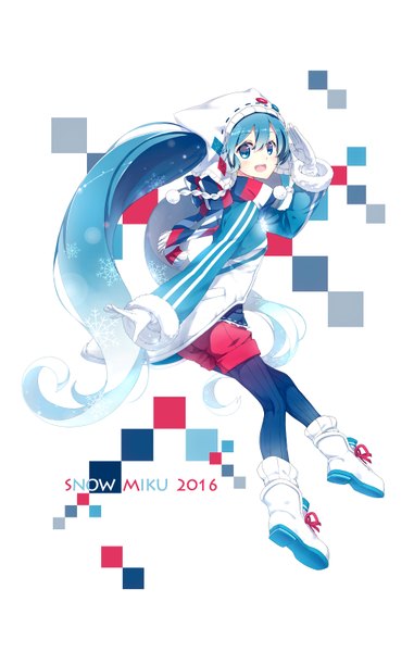 Anime picture 999x1573 with vocaloid hatsune miku yuki miku yuki miku (2016) lf single tall image looking at viewer blush fringe open mouth simple background animal ears looking back aqua eyes cat ears aqua hair character names outstretched arm happy
