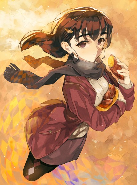 Anime picture 892x1200 with original dekappara futoriusu single long hair tall image looking at viewer fringe brown hair standing brown eyes from above wind open clothes open jacket exhalation yellow background girl skirt hair ornament pantyhose