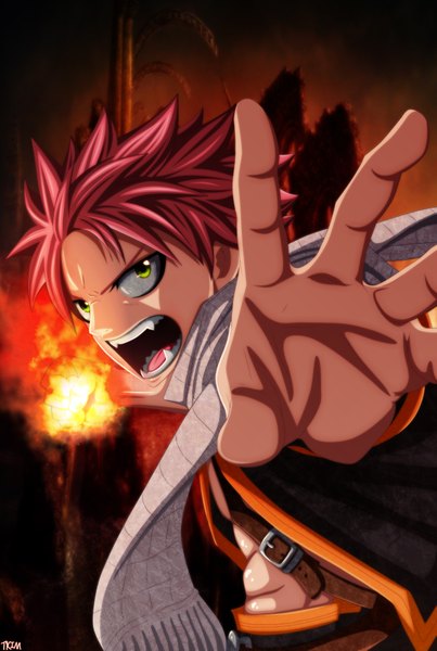 Anime picture 2682x3994 with fairy tail natsu dragneel futuretabs single tall image highres short hair open mouth green eyes pink hair coloring magic muscle angry boy scarf fire