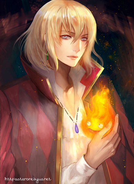 Anime picture 850x1166 with howl's moving castle studio ghibli howl calcifer astarone tall image looking at viewer short hair blue eyes blonde hair holding open clothes open jacket grey eyes dark background open collar boy earrings shirt jacket