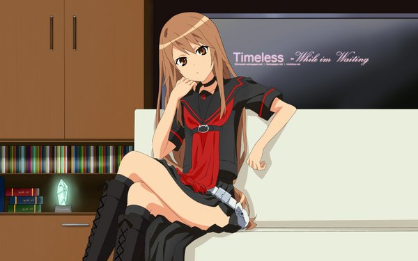 Anime picture 2000x1250 with ookami-san to shichinin no nakama-tachi j.c. staff ookami ryouko highres light erotic brown hair wide image brown eyes girl skirt miniskirt boots timeless