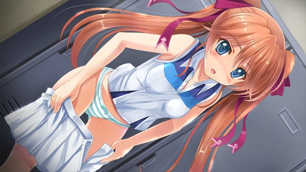 Anime picture 1024x576 with futagoza no paradox long hair looking at viewer blush open mouth blue eyes light erotic brown hair wide image twintails game cg girl underwear panties ribbon (ribbons) hair ribbon