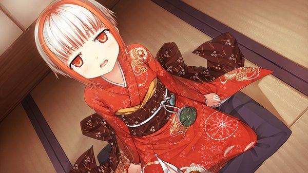Anime picture 2560x1440 with monobeno sumi (monobeno) cura highres short hair open mouth red eyes wide image game cg japanese clothes multicolored hair loli girl kimono obi