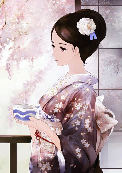 Anime picture 800x1131 with original yong kit lam single long hair tall image black hair smile holding brown eyes traditional clothes japanese clothes hair flower sunlight hair bun (hair buns) cherry blossoms floral print girl hair ornament flower (flowers) plant (plants)
