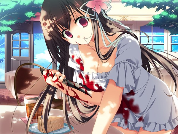 Anime picture 1024x768 with miinasan, kakkee desu! long hair black hair red eyes game cg hair flower empty eyes crazy eyes girl hair ornament sweets blood sundress drink knife cake
