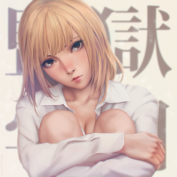 Anime picture 1260x1260 with kangoku gakuen midorikawa hana miura-n315 single looking at viewer fringe short hair blonde hair brown hair blunt bangs head tilt lips realistic inscription copyright name hieroglyph partially open clothes embryo's pose girl shirt